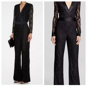 DIANE VON FURSTENBERG DVF Jumpsuit 4 Black Lace‎ Long Sheer Sleeve Wrap Belted